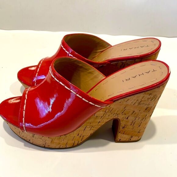 Tahari Orange Sandal Cork Heel Platforms Size 9.5 - Picture 3 of 7